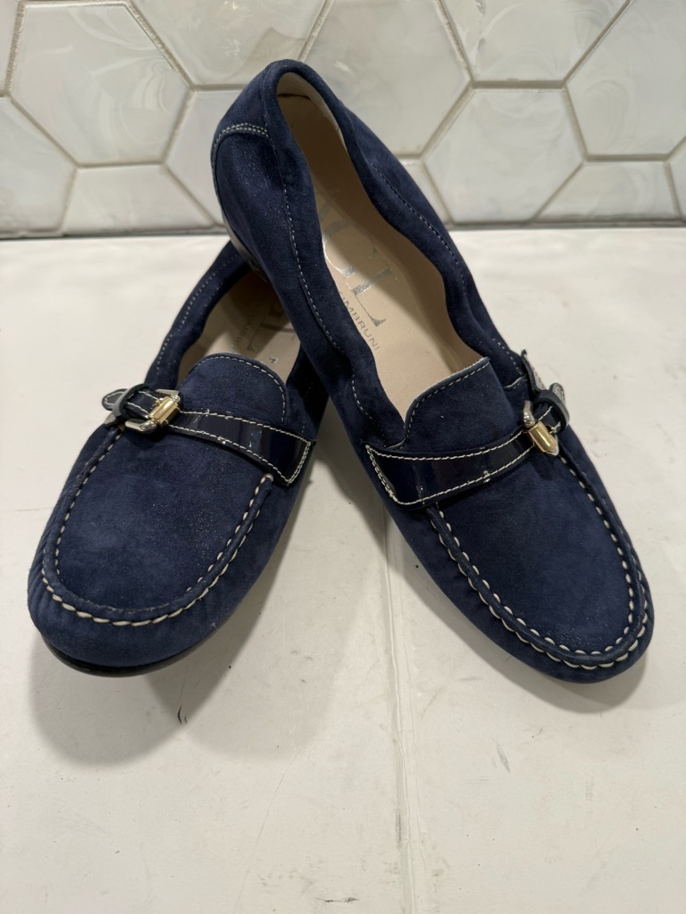 AGL Attilio Giusti Leombruni Navy Suede Loafers Driving Mocs Italy Sz 38 US 7.5